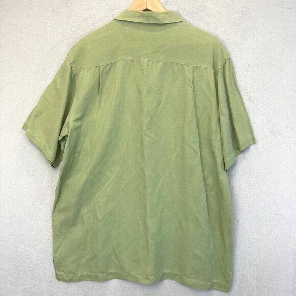 IZOD Button Up Washable Silk Linen Blend Shirt Mens Large L Green Short Sleeve - Picture 2 of 14